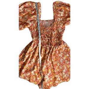 Free People Show Me Love Linen Blend Floral Smocked Front Tie Romper Peep Size M